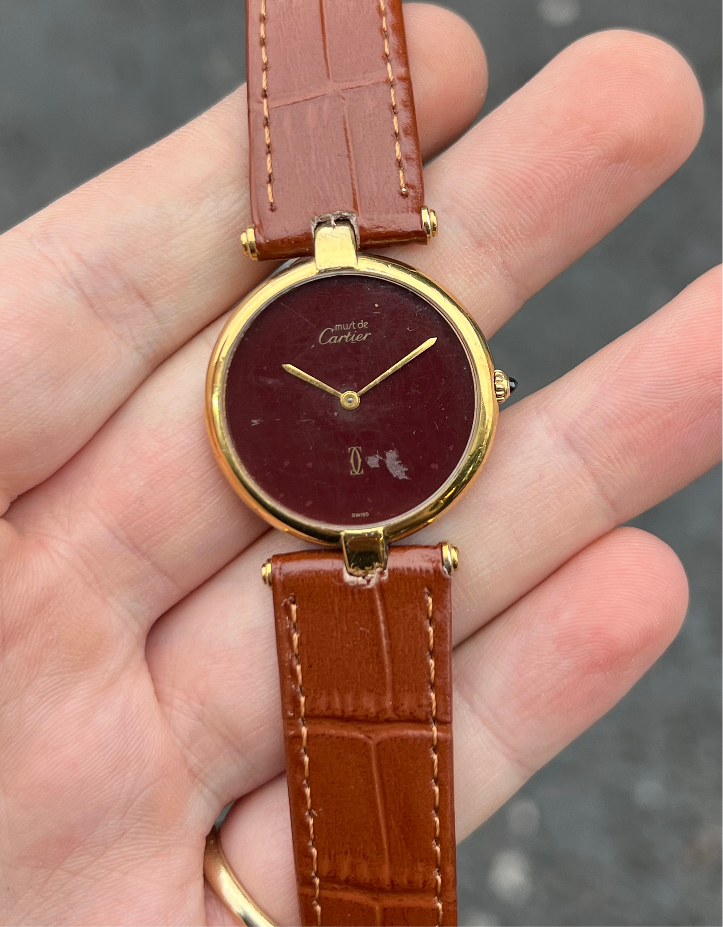 Vintage Gents Cartier Vendome Burgundy Patina Dial Quartz Vermeil Dress Watch