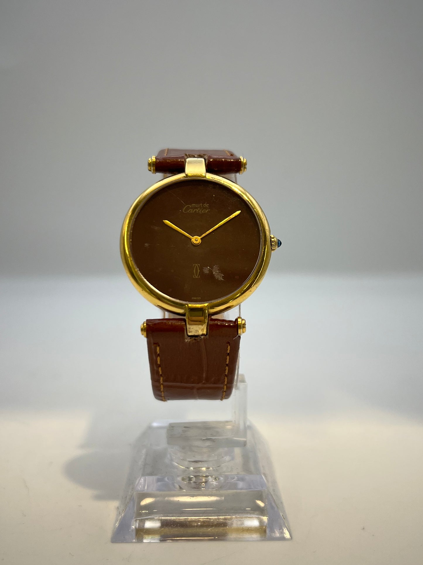 Vintage Gents Cartier Vendome Burgundy Patina Dial Quartz Vermeil Dress Watch