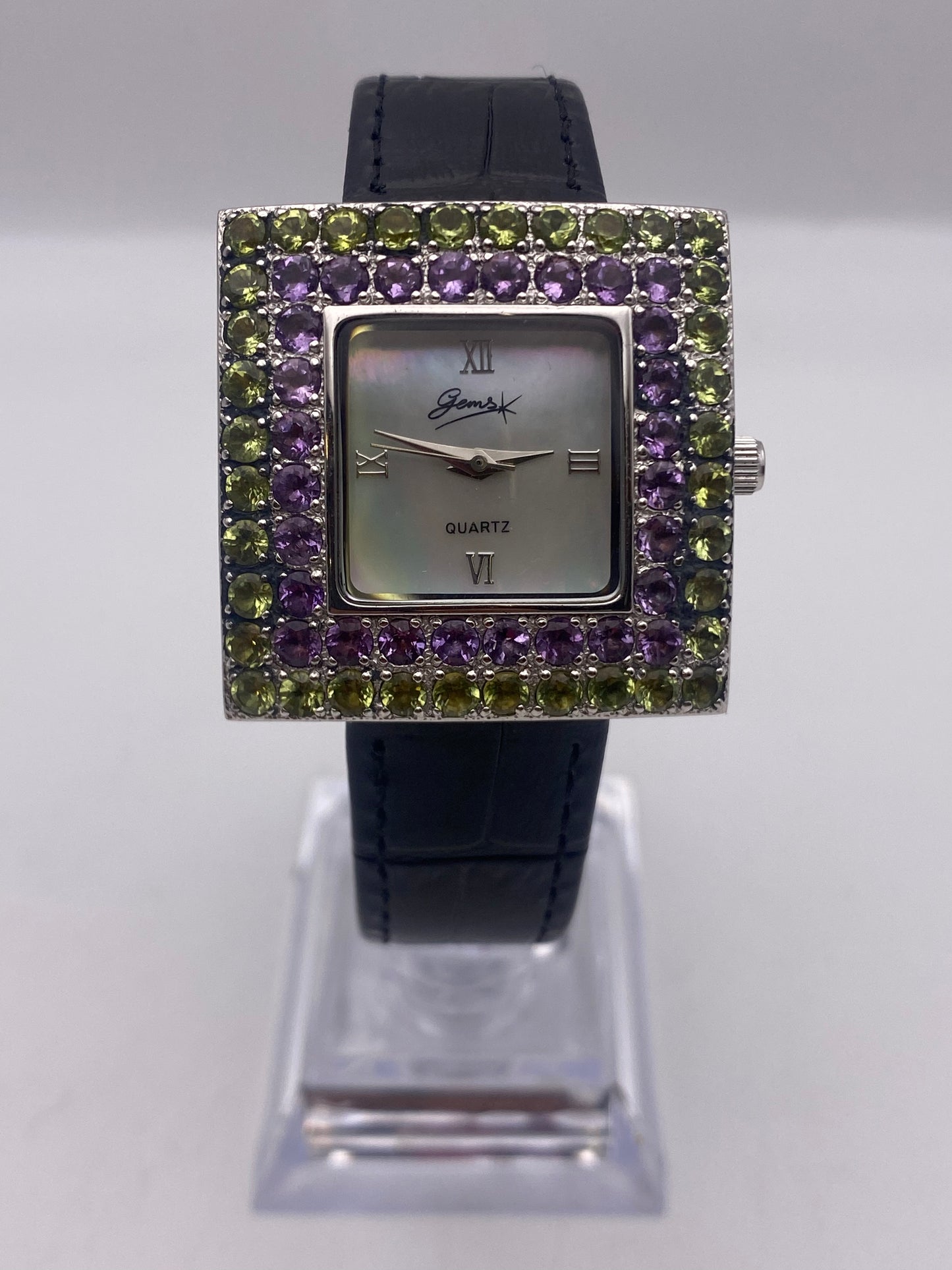 Gems Solid Silver Quartz Mother Of Pearl Dial Leather Strap Dress Watch