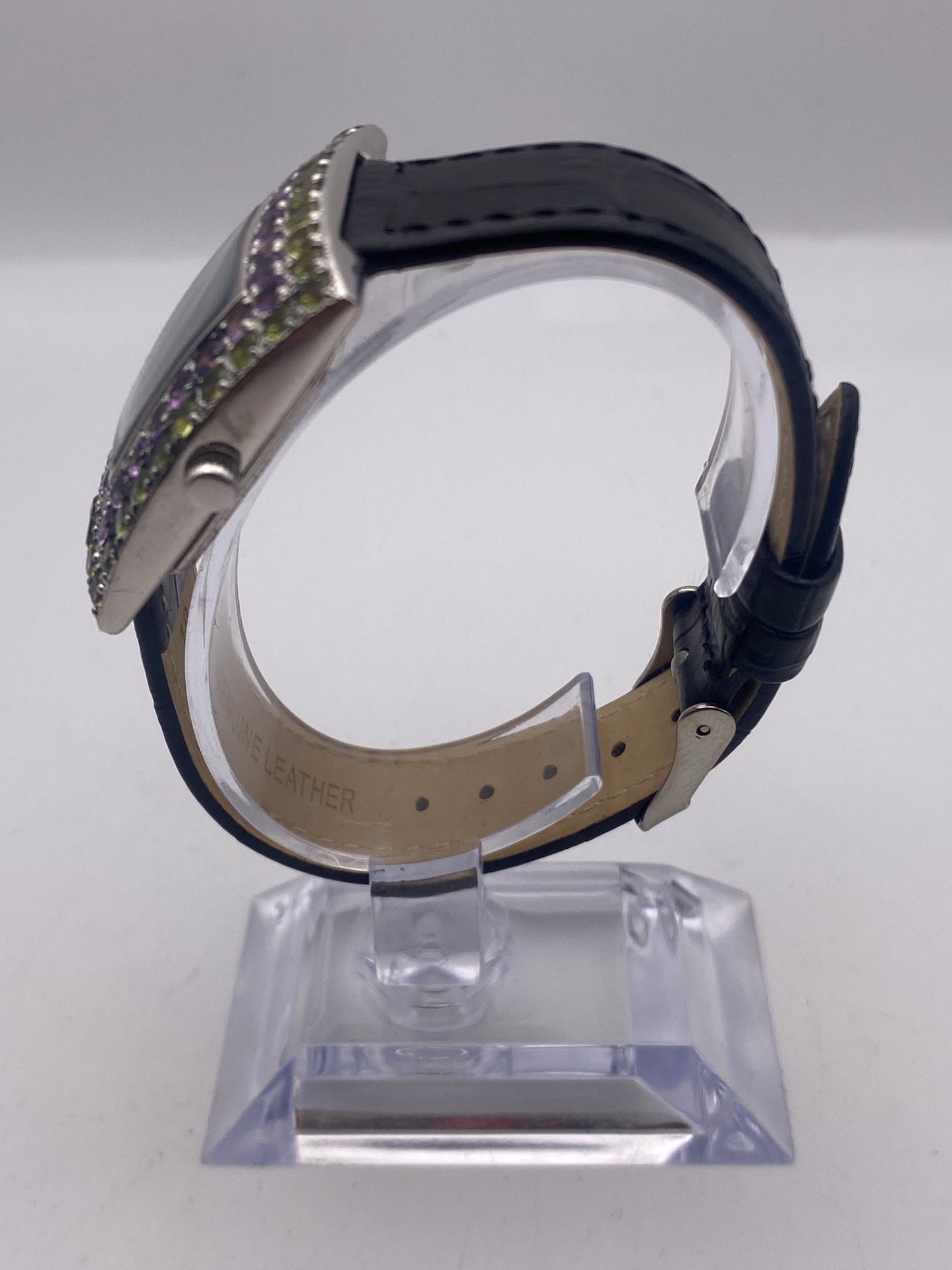 Gems Solid Silver Quartz Mother Of Pearl Dial Leather Strap Dress Watch