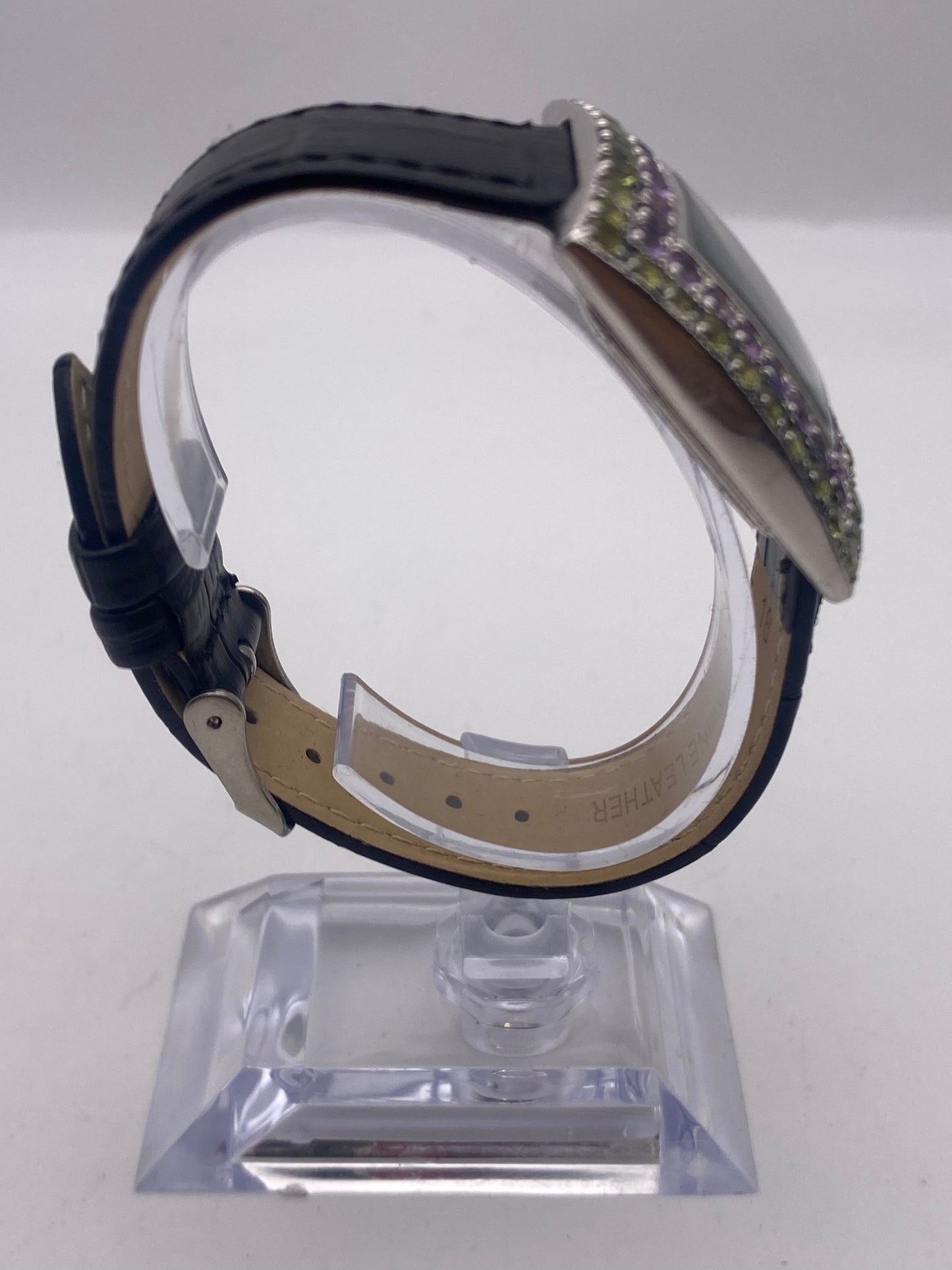 Gems Solid Silver Quartz Mother Of Pearl Dial Leather Strap Dress Watch