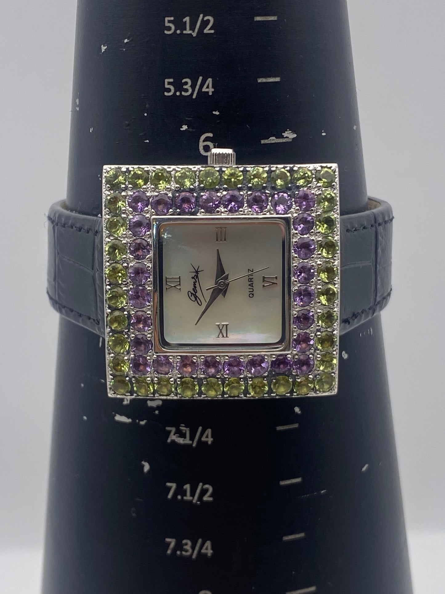 Gems Solid Silver Quartz Mother Of Pearl Dial Leather Strap Dress Watch