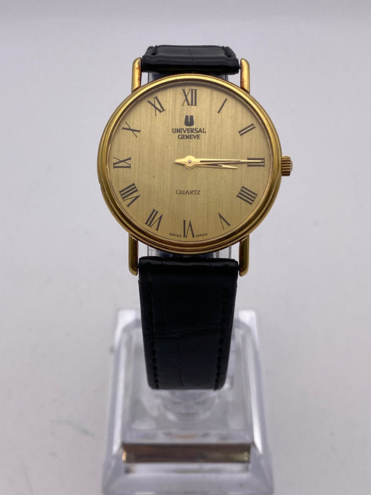 Vintage Universal Geneve Quartz Stainless Steel Gold Plated Dress Watch Box & Papers