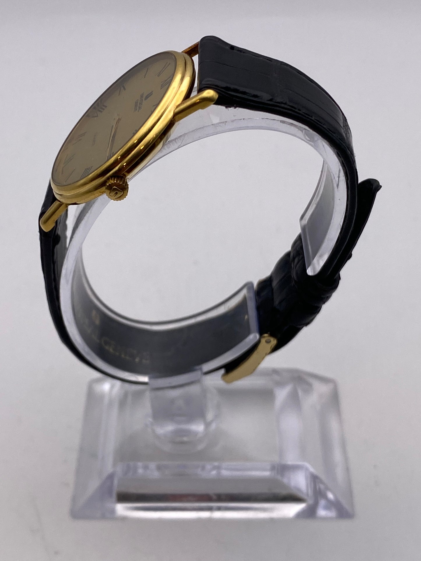 Vintage Universal Geneve Quartz Stainless Steel Gold Plated Dress Watch Box & Papers