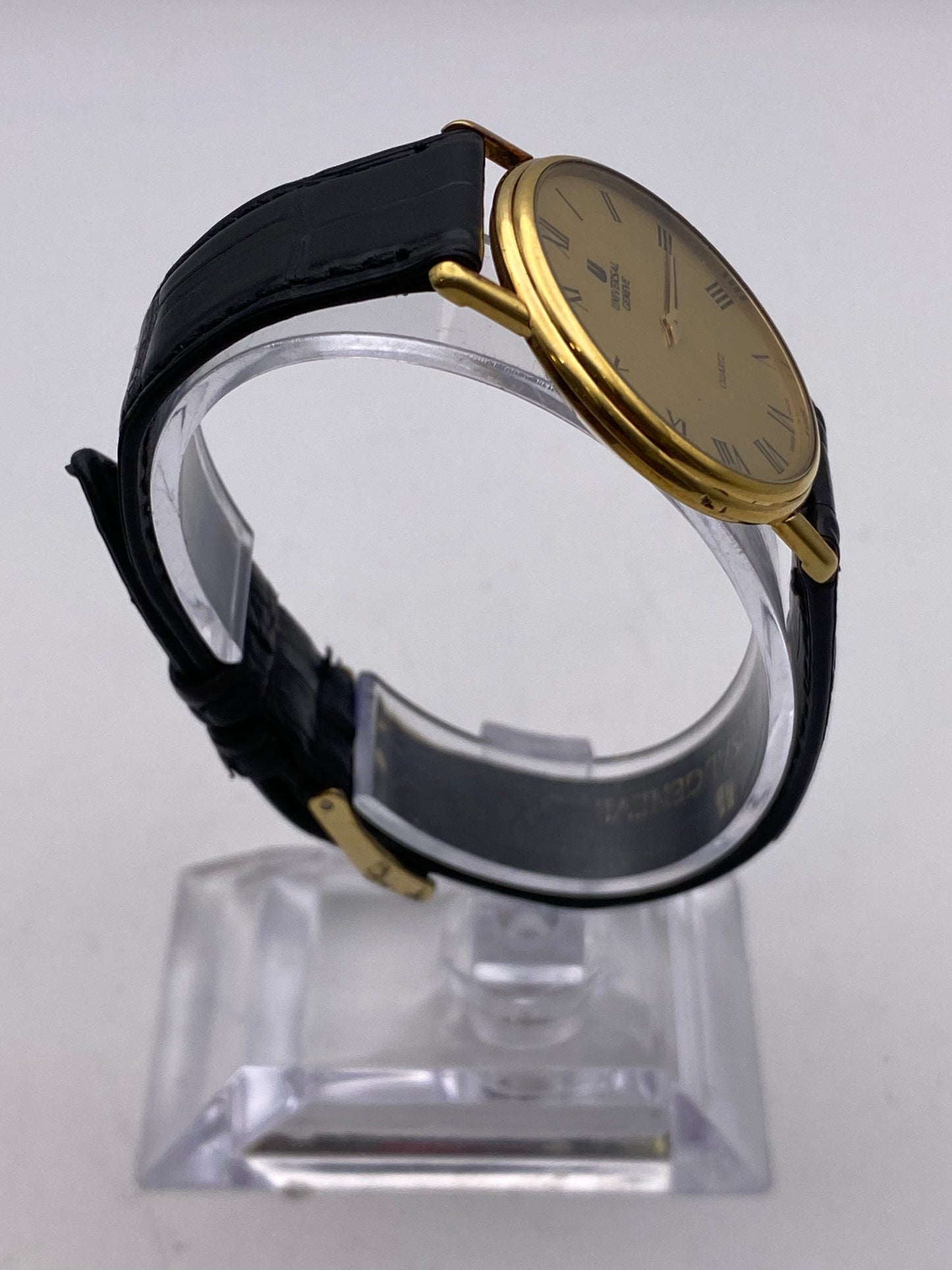 Vintage Universal Geneve Quartz Stainless Steel Gold Plated Dress Watch Box & Papers