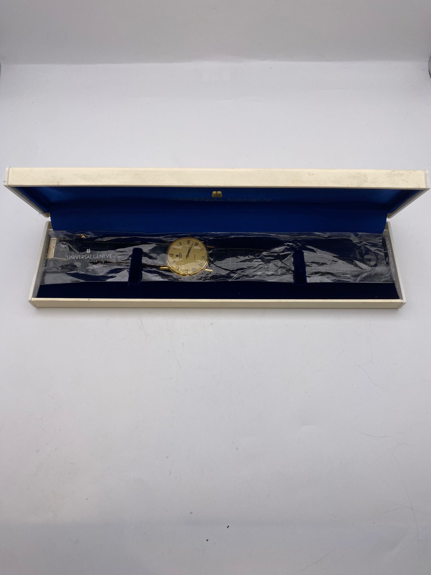 Vintage Universal Geneve Quartz Stainless Steel Gold Plated Dress Watch Box & Papers