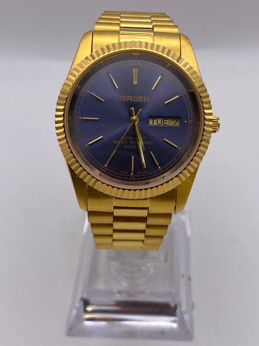 Vintage Gents Gruen Day Date Quartz Gold Plated Dress Watch With Box