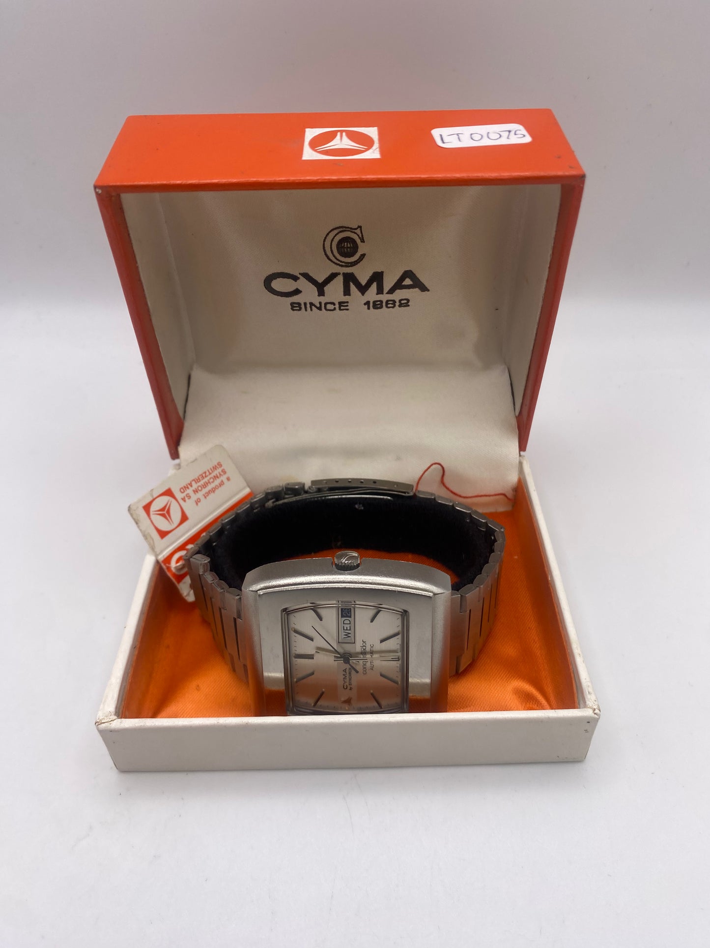 Vintage Cyma Conquistador Automatic Mechanical Silver Dial Dress Watch With Box & Tag