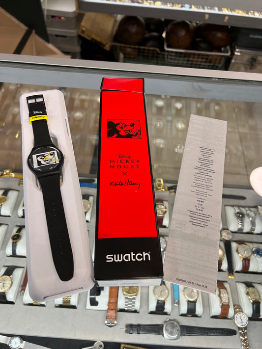 Mickey Mouse Swatch x Keith Haring collaboration watch.