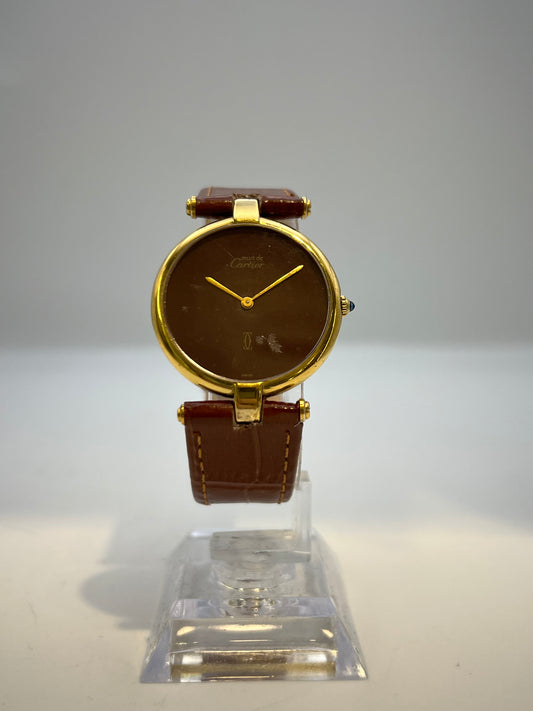 Vintage Gents Cartier Vendome Burgundy Patina Dial Quartz Vermeil Dress Watch