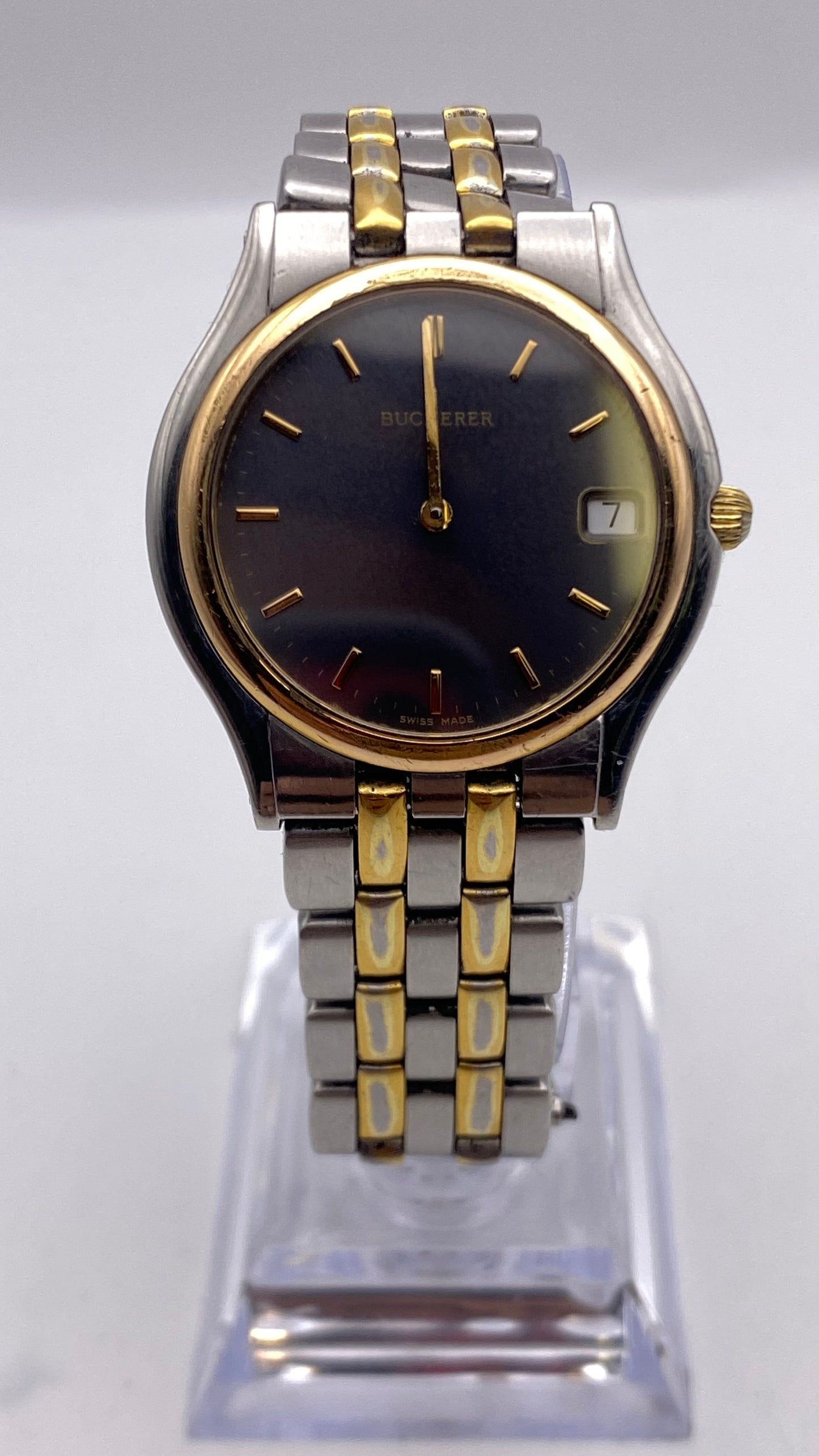 Vintage Gents Bucherer Quartz Grey Dial Two Tone Dress Watch