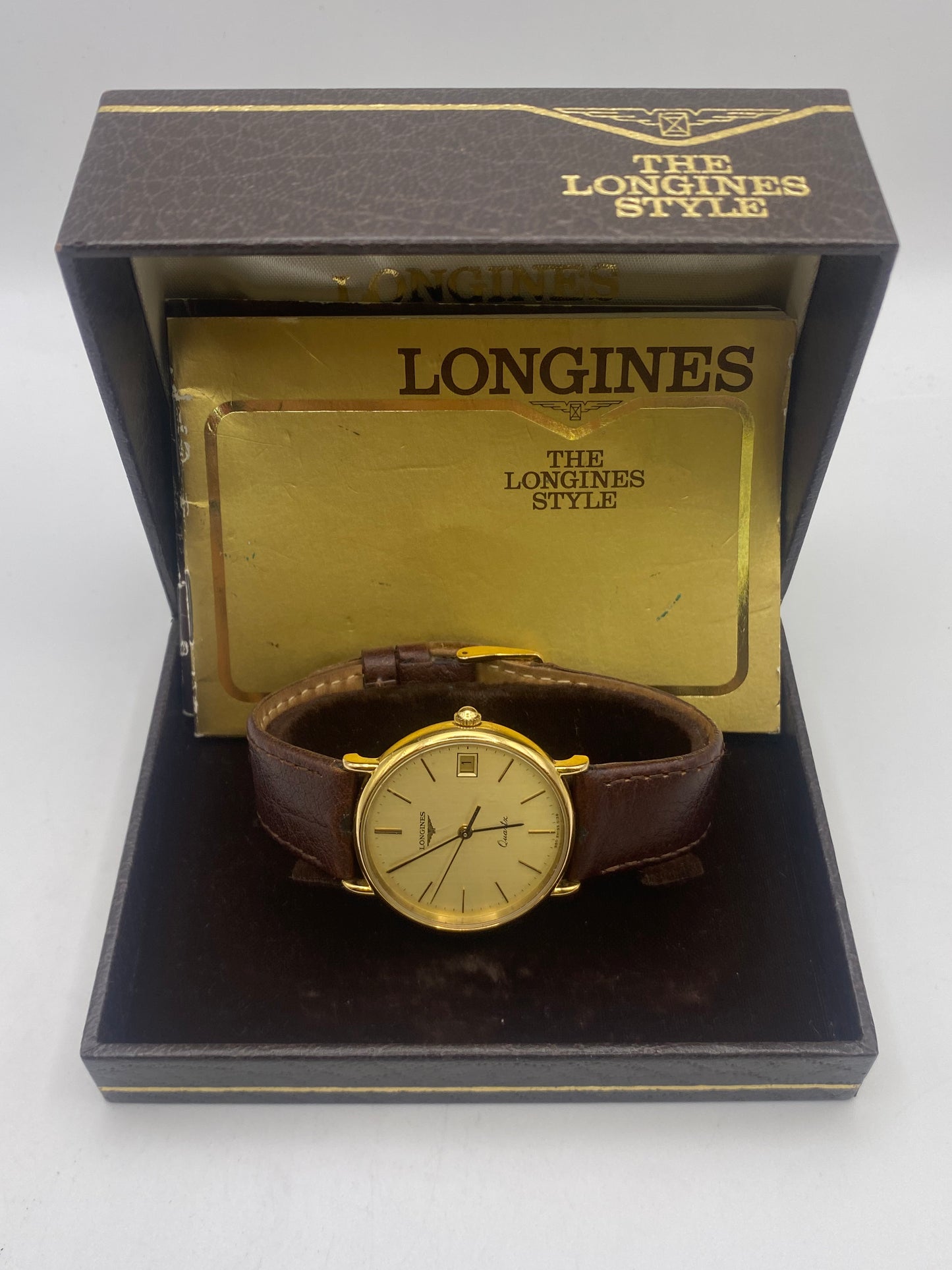 Vintage Gents Longines Gold Plated Quartz Dress Watch Box & Papers