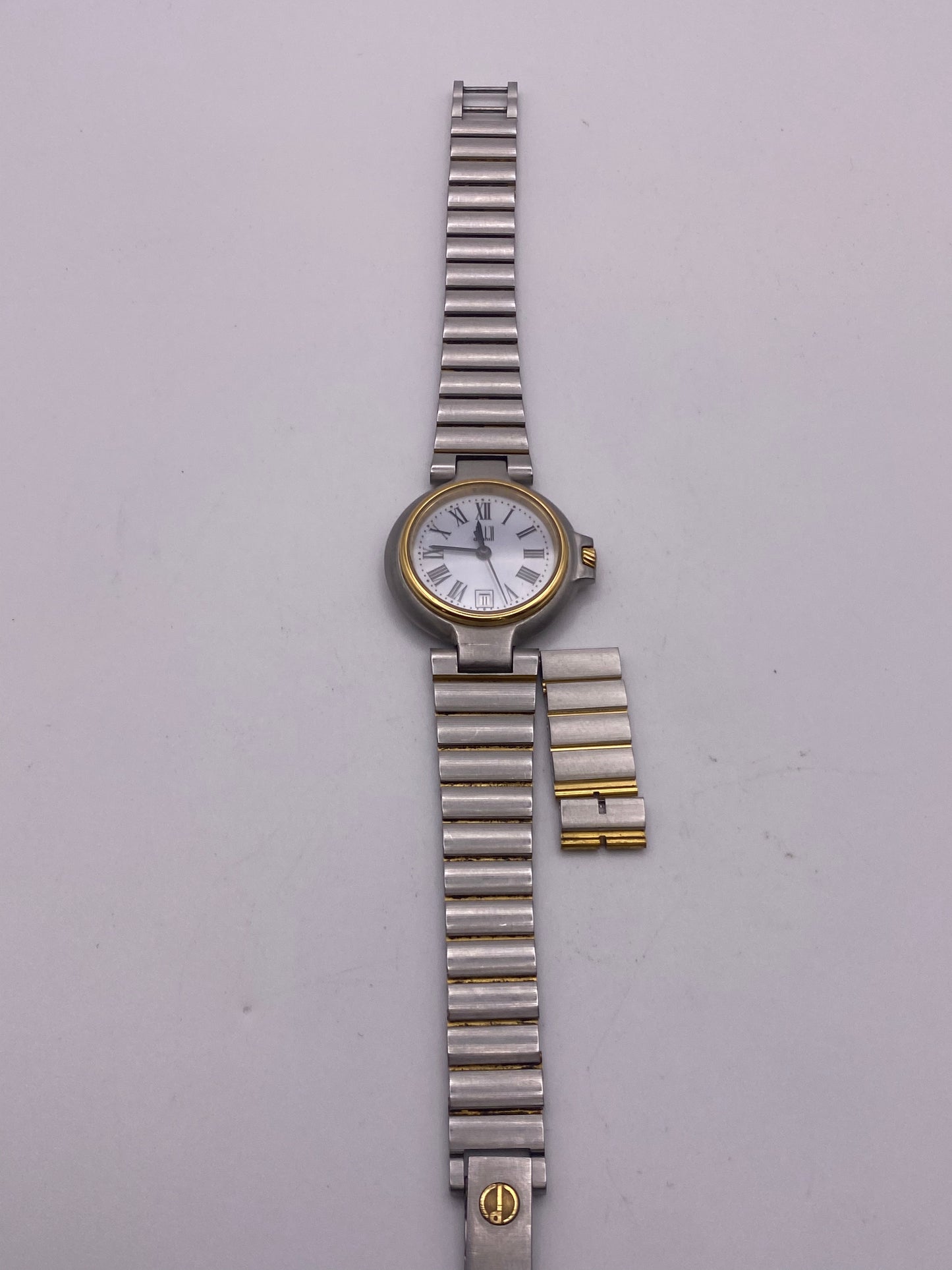 Vintage Ladies Dunhill White Dial Two Tone Quartz Dress Watch With Extra Links
