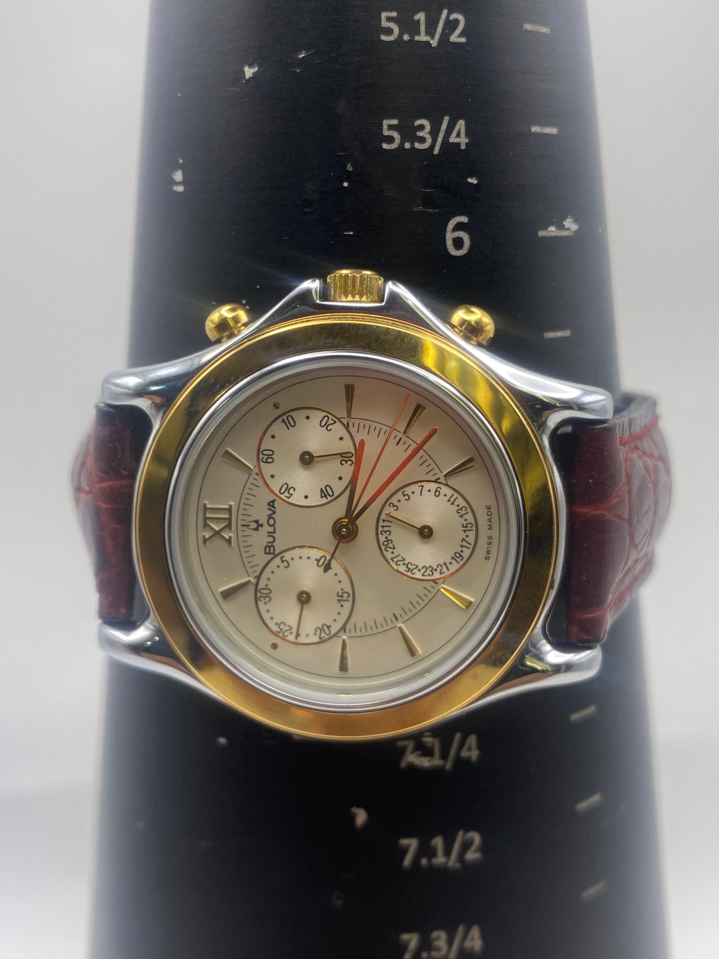 Vintage Bulova Silver Dial Quartz Chronograph Dress Watch With Box & Papers