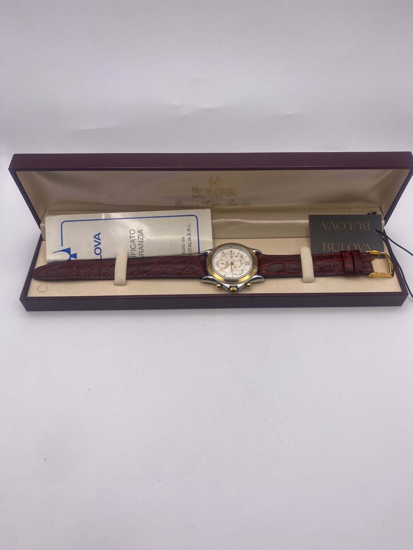 Vintage Bulova Silver Dial Quartz Chronograph Dress Watch With Box & Papers