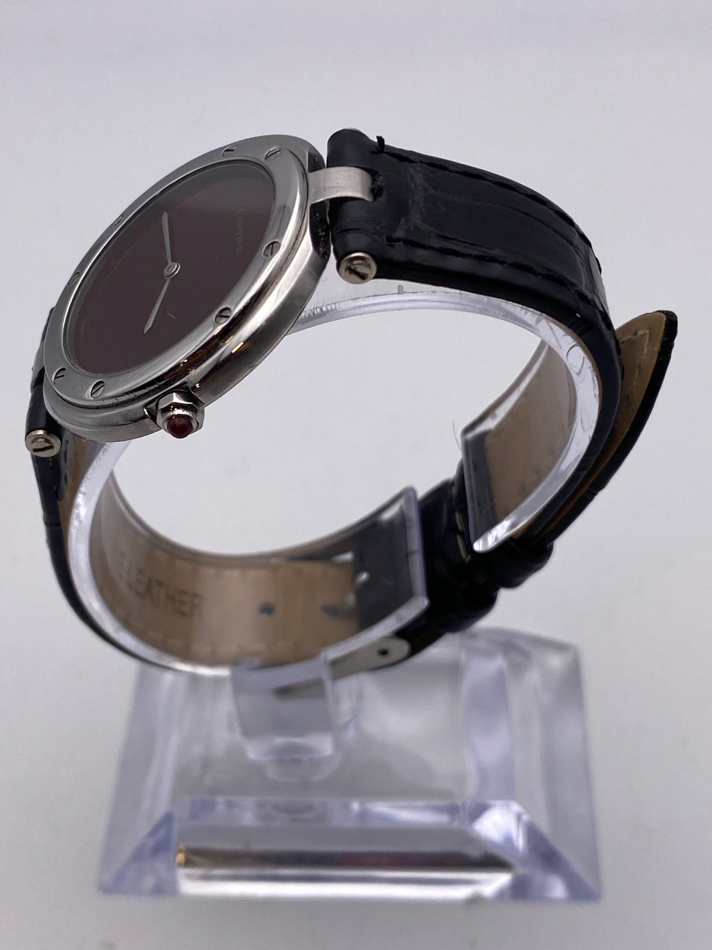 Vintage Cartier Santos Vendome Burgundy Dial Quartz Dress Watch With Travel Pouch