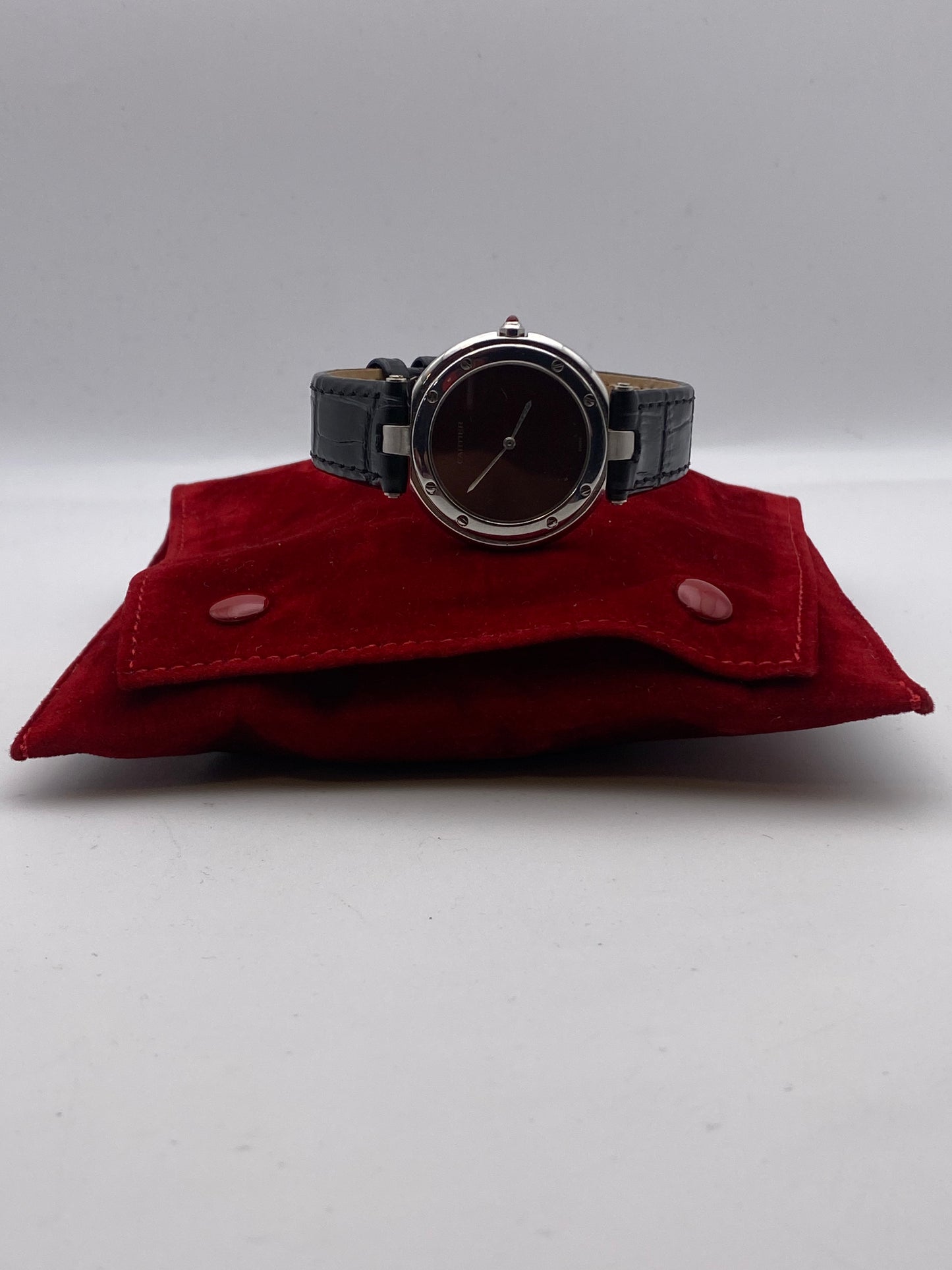 Vintage Cartier Santos Vendome Burgundy Dial Quartz Dress Watch With Travel Pouch