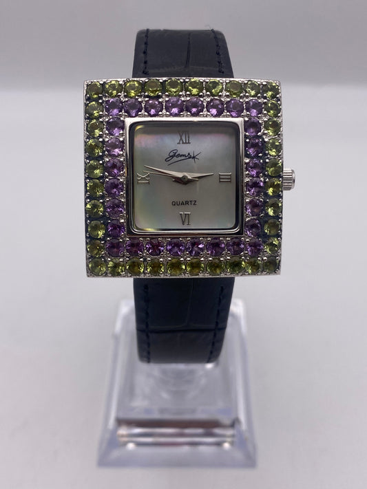 Gems Solid Silver Quartz Mother Of Pearl Dial Leather Strap Dress Watch