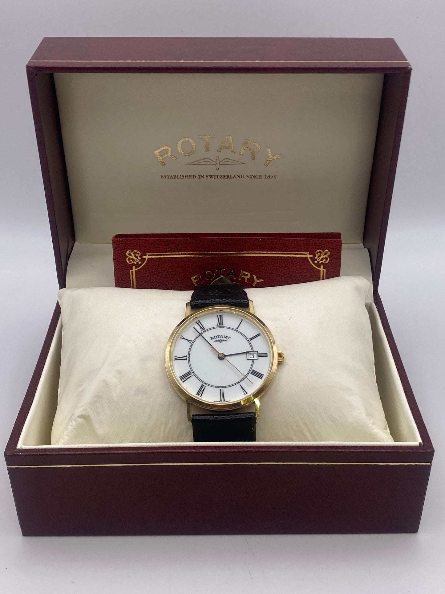 Rotary Gents White Dial Quartz 9ct Gold Dress Watch With Box