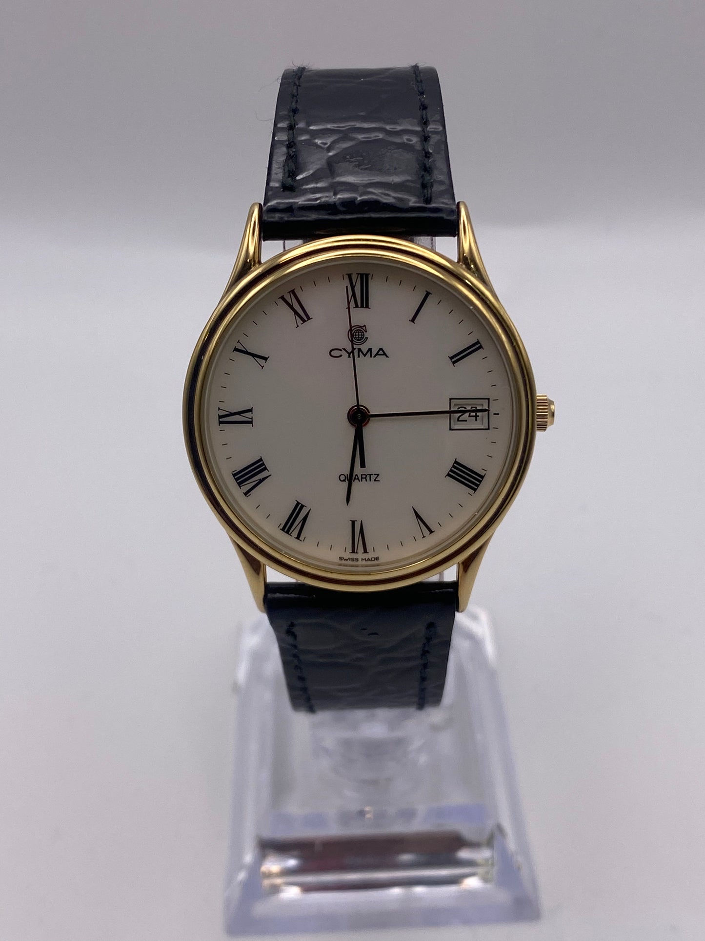 Vintage Cyma Gents Size Gold Plated Quartz Dress Watch With Box
