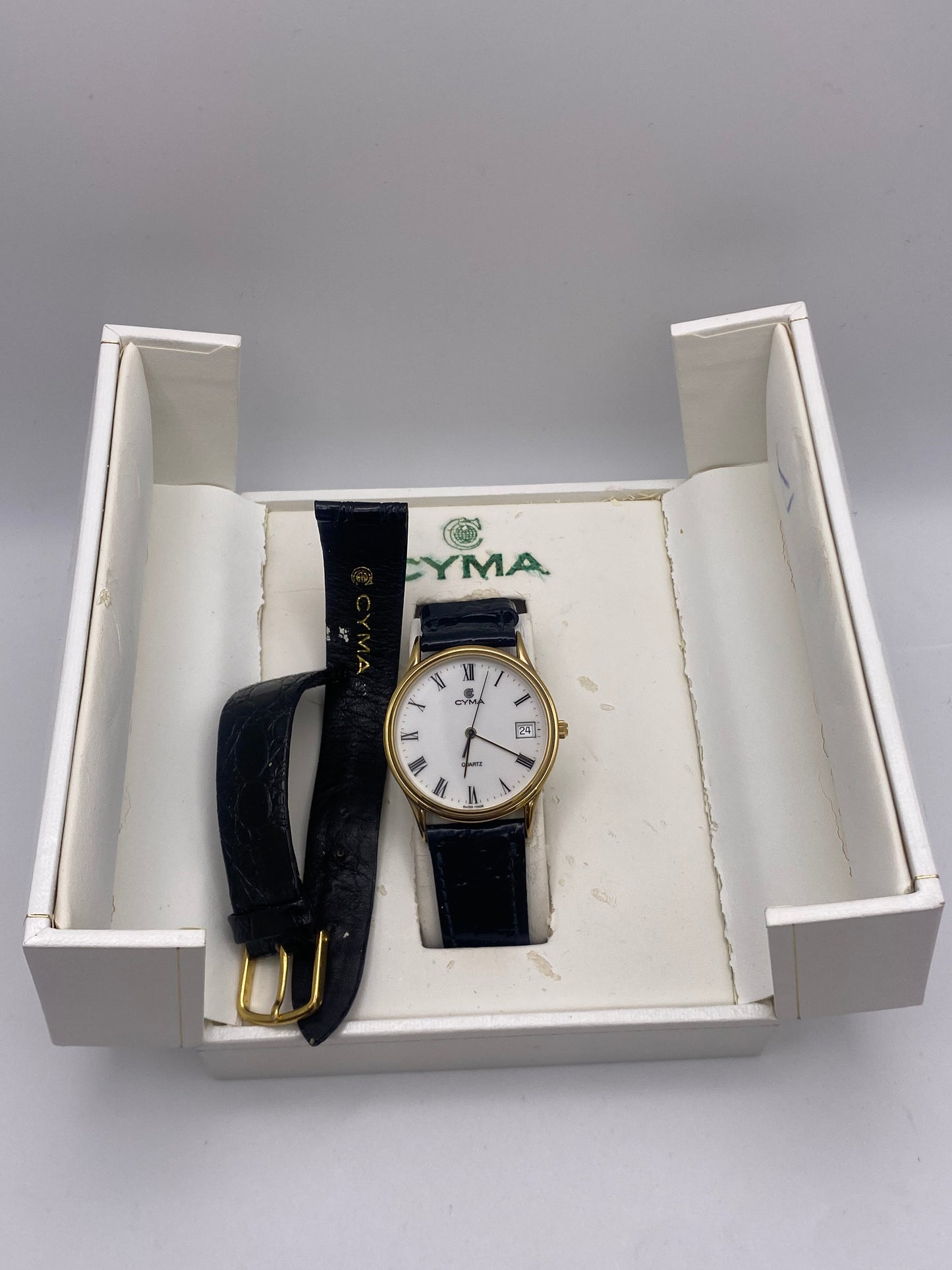Vintage Cyma Gents Size Gold Plated Quartz Dress Watch With Box