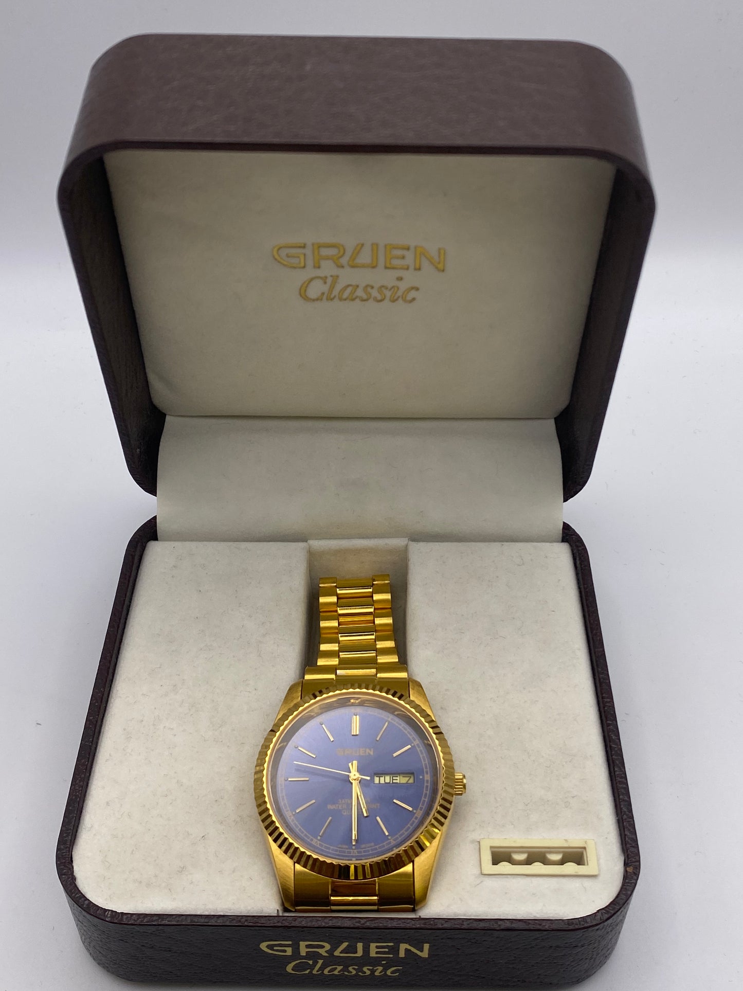 Vintage Gents Gruen Day Date Quartz Gold Plated Dress Watch With Box