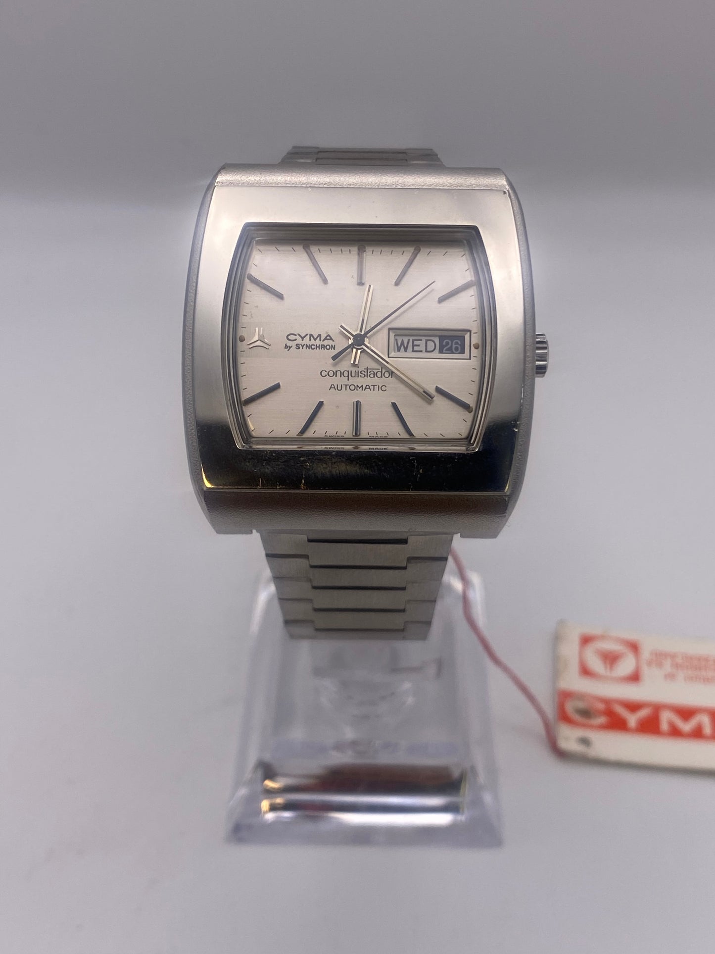 Vintage Cyma Conquistador Automatic Mechanical Silver Dial Dress Watch With Box & Tag